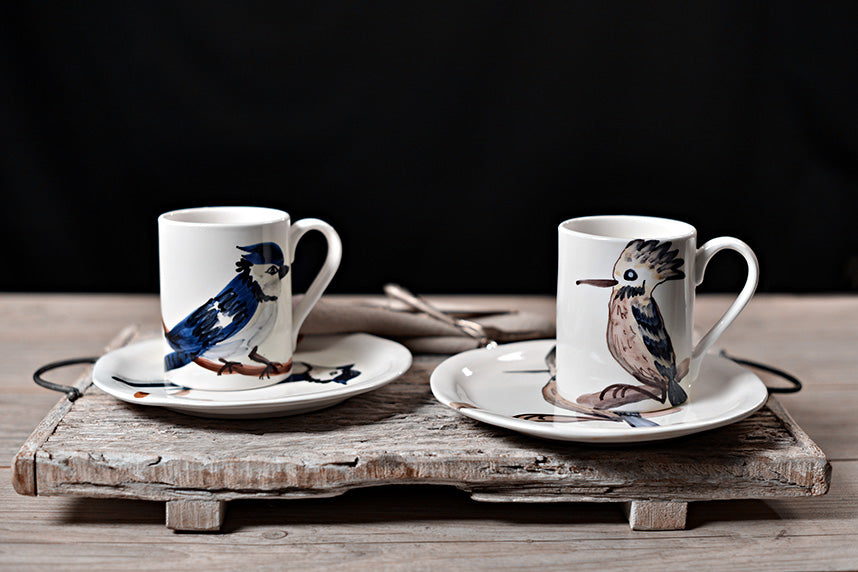 Uccelli - Tazza e piatto in ceramica fatti a mano