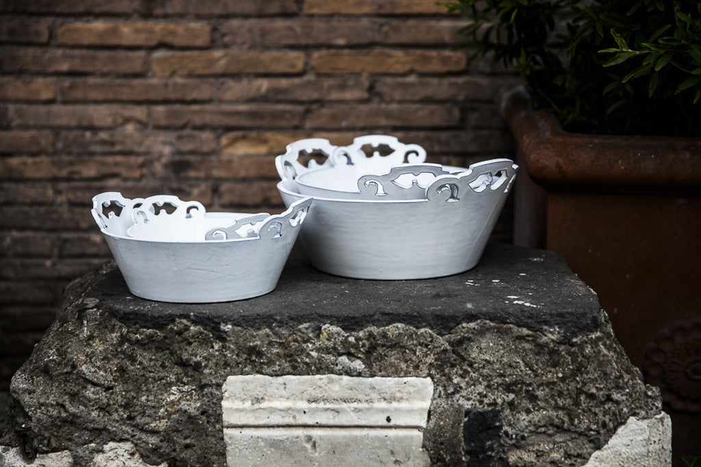 White Ornate Handle Serving Bowls