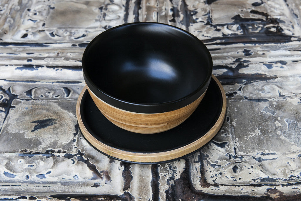 black porcelain and bamboo bowl